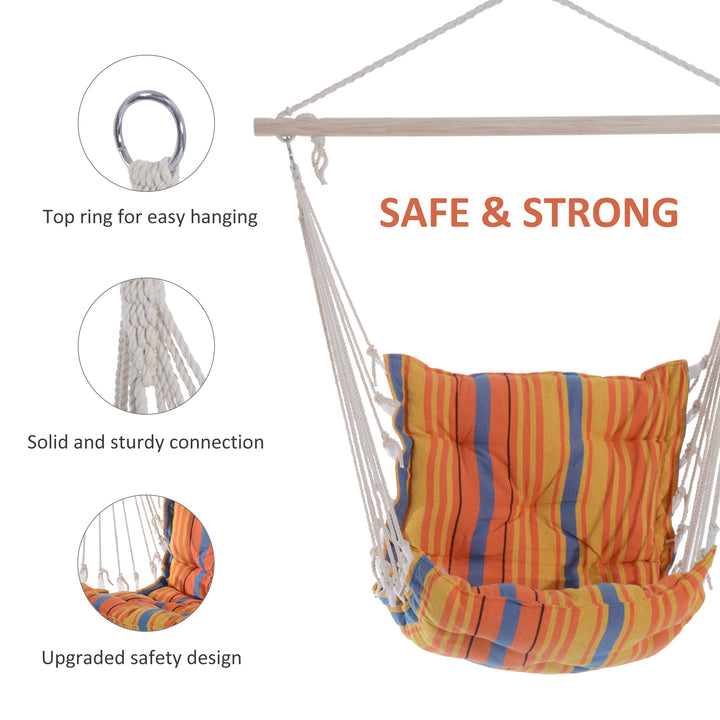 Outdoor Hanging Rope Chair with Soft Padded Seat & Backrest, Garden Hammock Chair with Wooden Support Bar Cotton Cloth, Portable Garden Chair for Patio & Tree, Orange