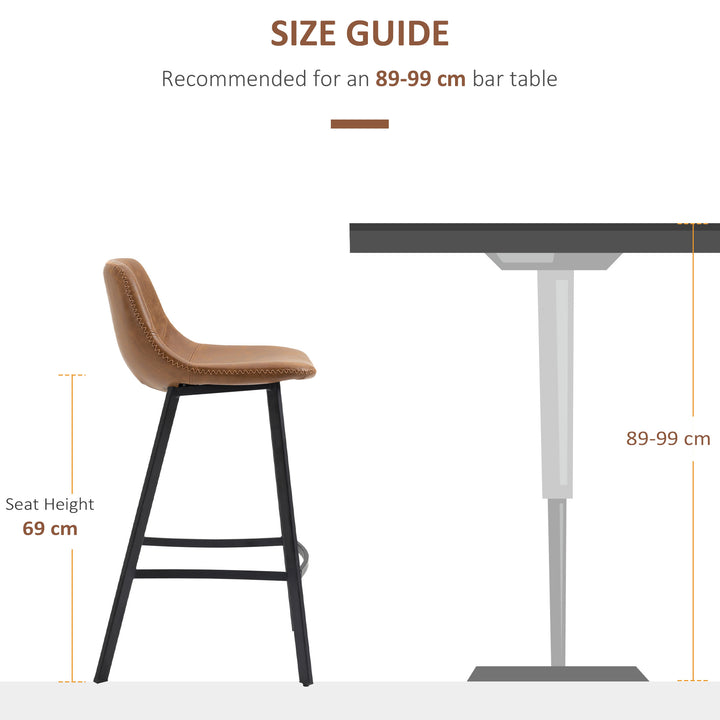 Bar Stools Set of 2, PU Leather Kitchen Stools, Upholstered Breakfast Bar Chairs with Backrest, Steel Legs for Home, Dining Room, Brown