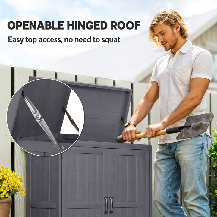 MCL Small Shed, Wooden Garden Shed with Openable Hinged Roof and Removable Shelf, Outdoor Tool Storage Cabinet Chest with Double Doors, 74 x 43 x 88 cm, Grey