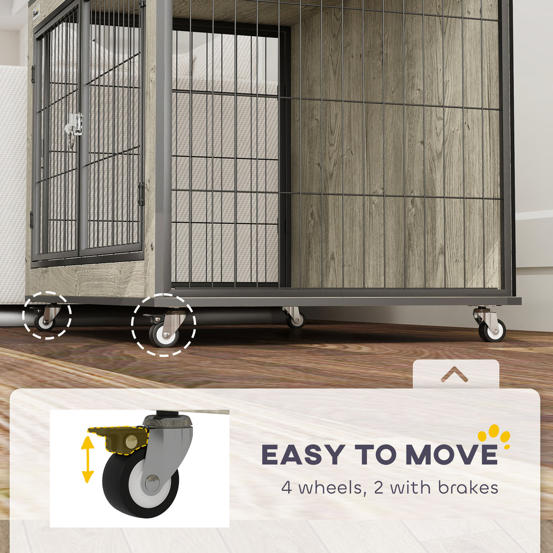 Dog Crate Furniture with Wheels, Double Doors, for Medium Dogs, Grey