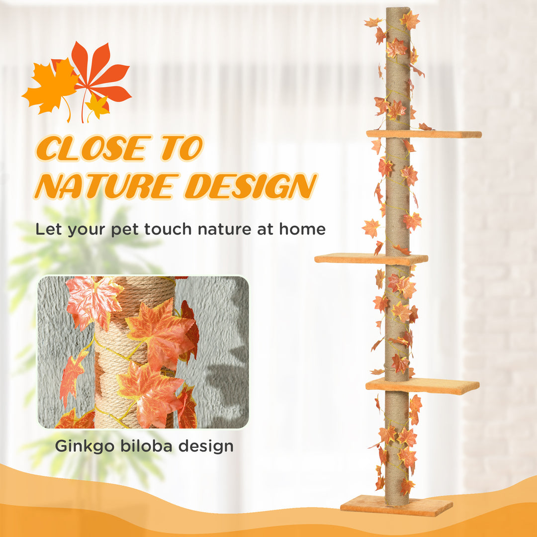 242cm Adjustable Floor-To-Ceiling Cat Tree, with Artificial Decoration, Perches, Anti-Slip Kit - Orange