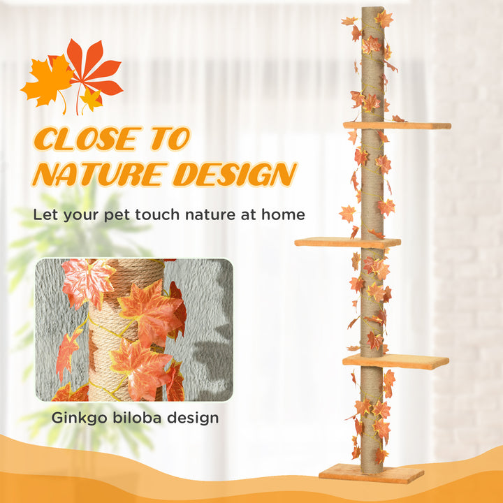 242cm Adjustable Floor-To-Ceiling Cat Tree, with Artificial Decoration, Perches, Anti-Slip Kit - Orange