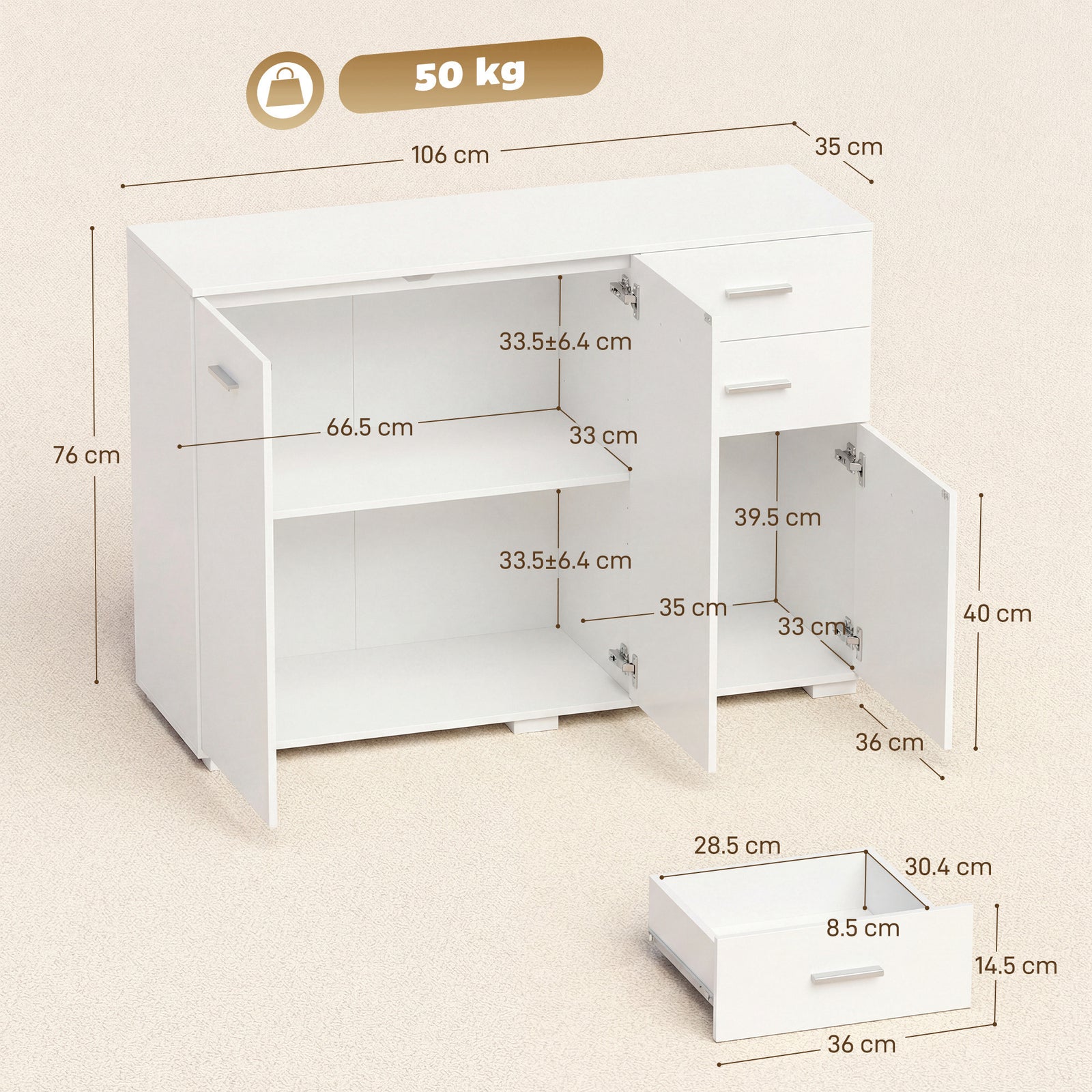 Sideboard, Modern Storage Cabinet with 2 Drawers, 3 Doors and Adjustab