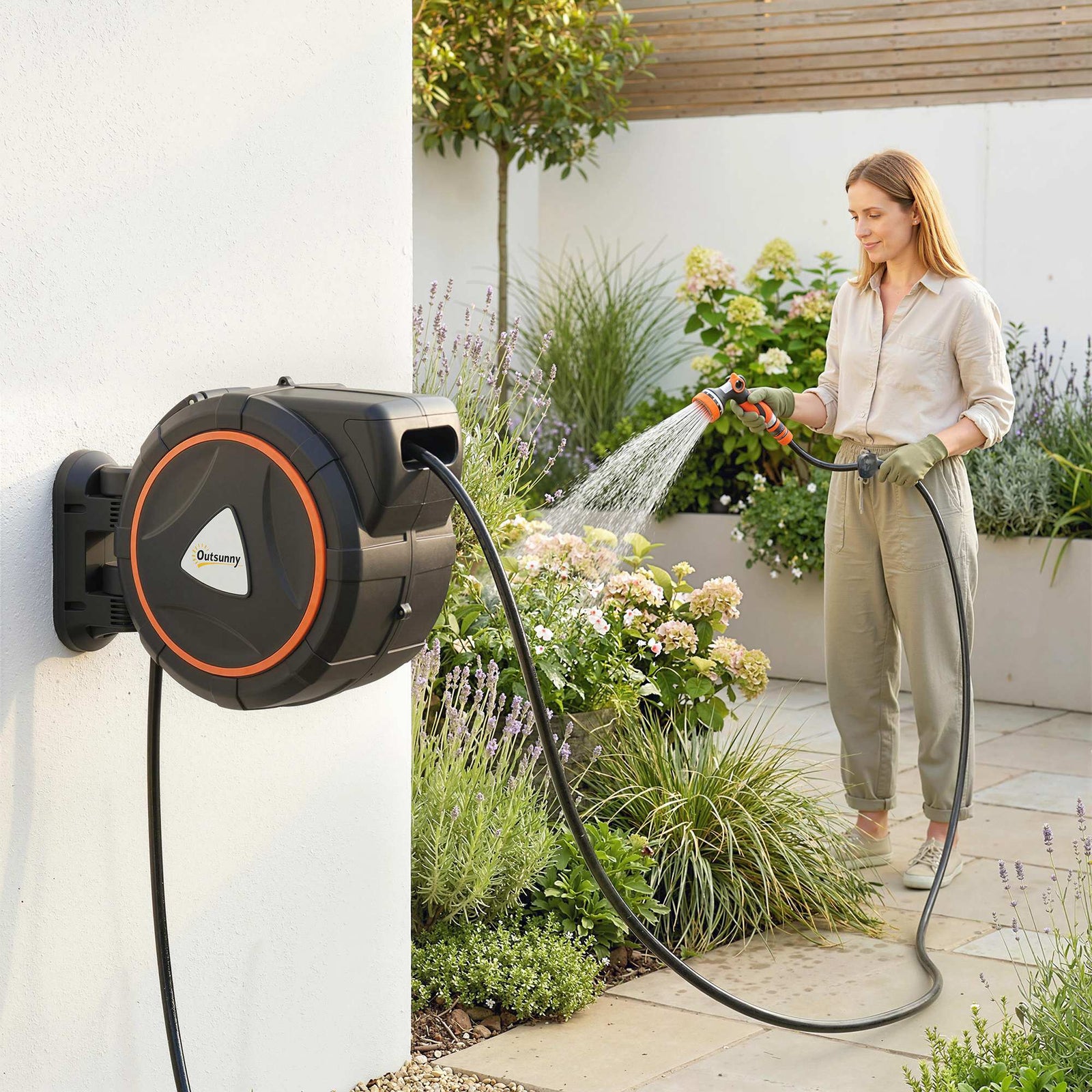 23+2m Retractable Hose Reel Wall Mounted with Auto Retraction, Self-Lo