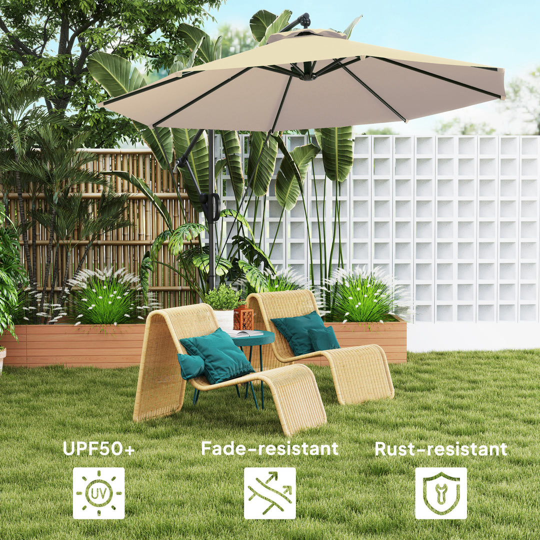 3(m) Garden Cantilever Parasol with Cover and Wind Protection Strap, Round Overhanging Umbrella with Crank Handle and Tilt, Banana Patio Umbrella for Outdoor Sun Shade, UPF50+, Khaki