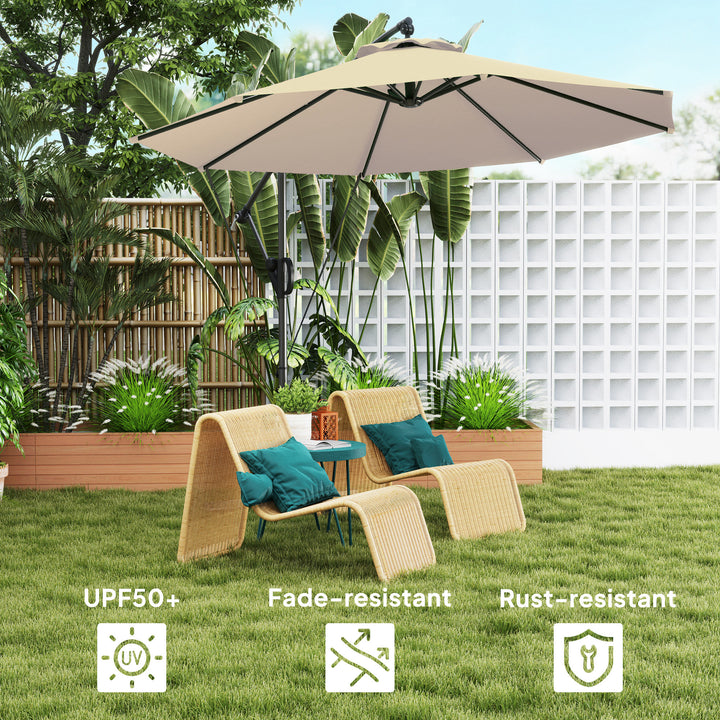 3(m) Garden Cantilever Parasol with Cover and Wind Protection Strap, Round Overhanging Umbrella with Crank Handle and Tilt, Banana Patio Umbrella for Outdoor Sun Shade, UPF50+, Khaki