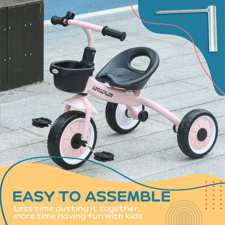 AIYAPLAY Kids Trike, Tricycle, with Adjustable Seat, Basket, Bell, for Ages 2-5 Years - Pink | Aosom UK