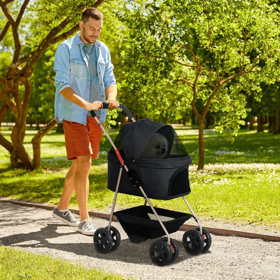 PawH 3-in-1 Pet Stroller, Folding 4 Wheel Dog Pram with Detachable Carrier for Mini Dogs, Cats, Black