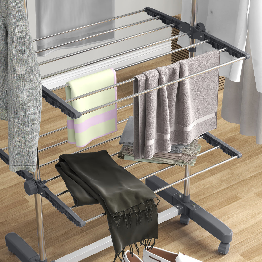 Four-Shelf Collapsing Clothes Horse, With Side Arms and Wheels - Grey