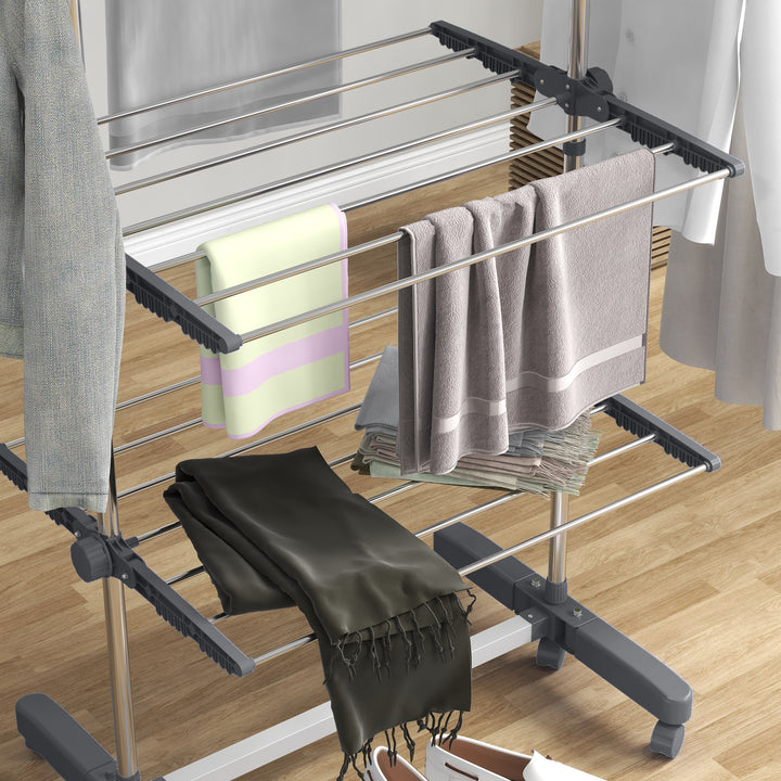 Four-Shelf Collapsing Clothes Horse, With Side Arms and Wheels - Grey