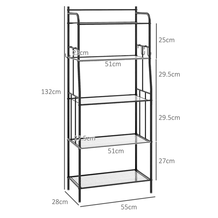 HOMCOM 5-Tier Kitchen Storage Unit, Microwave Stand w/ 5 Mesh Open Shelves & 4 Hooks, Modern Coffee Bar Station w/ Steel Frame for Home | Aosom UK