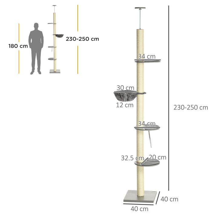 PawHut Floor to Ceiling Cat Tree 250cm with Hammock, Scratching Post, for Climbing & Relaxing. | Aosom UK