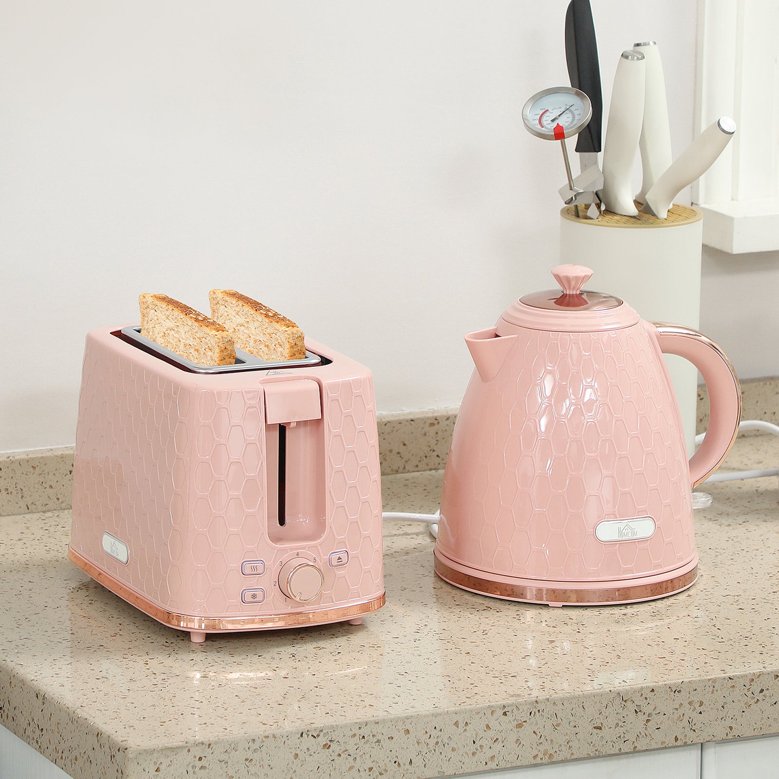 1.7L 3000W Fast Boil Kettle & 2 Slice Toaster Set, Kettle and Toaster Set with Auto Shut Off, Browning Controls, Light Pink