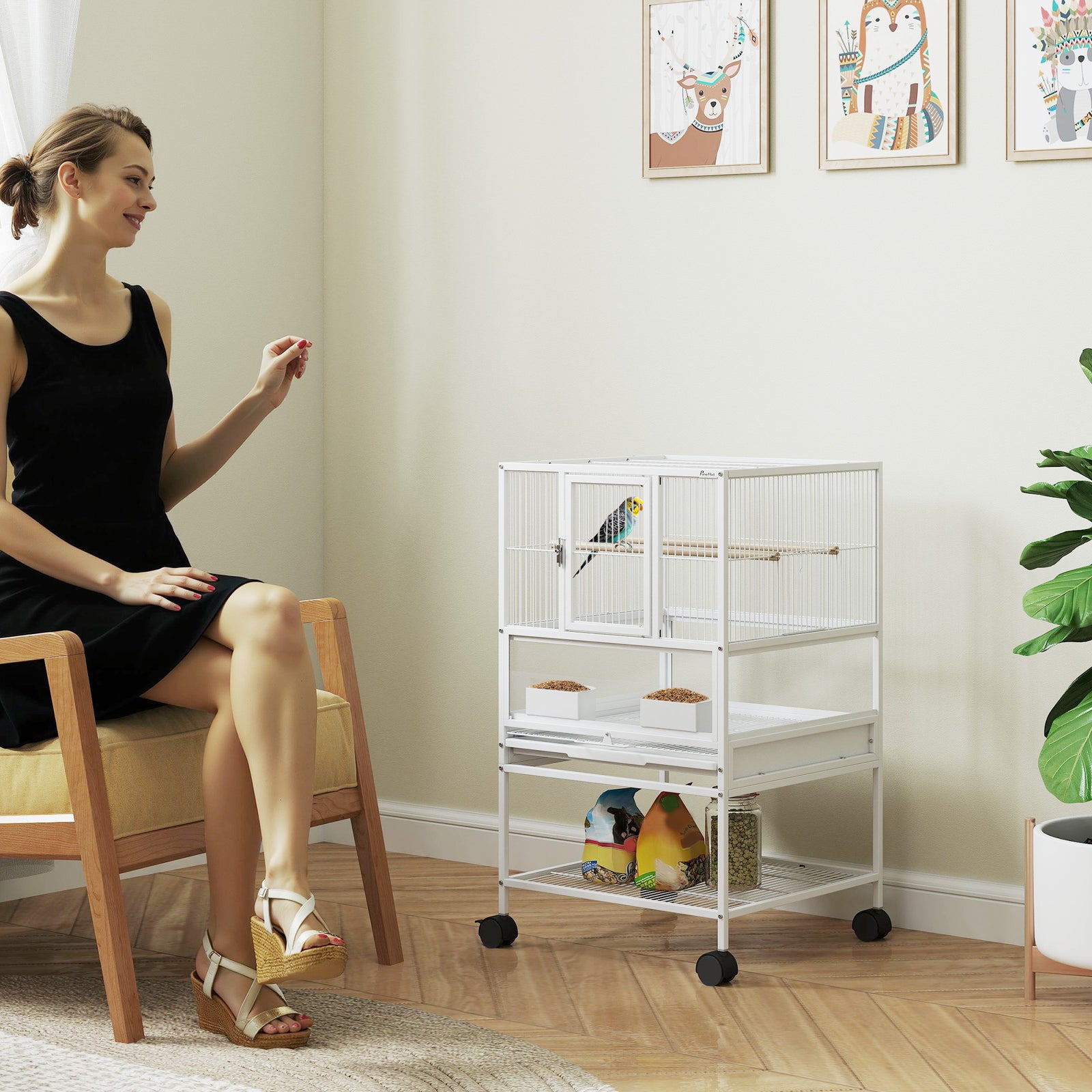 Bird Cage with Rolling Stand, Acrylic Viewing Panels, Storage Shelf, for Budgie, Parakeet, 48 x 46 x 83 cm