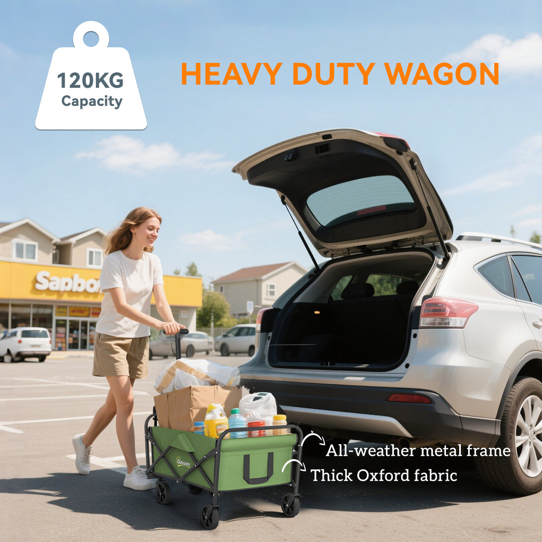 62L Festival Trolley on Wheels, Garden Folding Trolley Cart, 120kg Heavy Duty Collapsible Folding Wagon with Adjustable Handle and Carrying Bag for Beach, Camping, Festival, Green