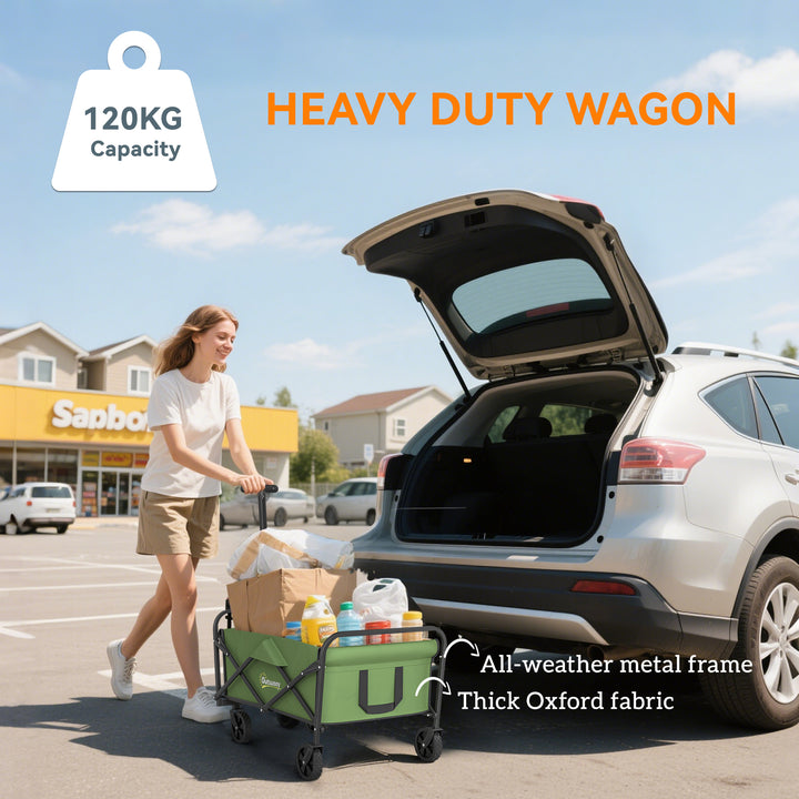 62L Festival Trolley on Wheels, Garden Folding Trolley Cart, 120kg Heavy Duty Collapsible Folding Wagon with Adjustable Handle and Carrying Bag for Beach, Camping, Festival, Green