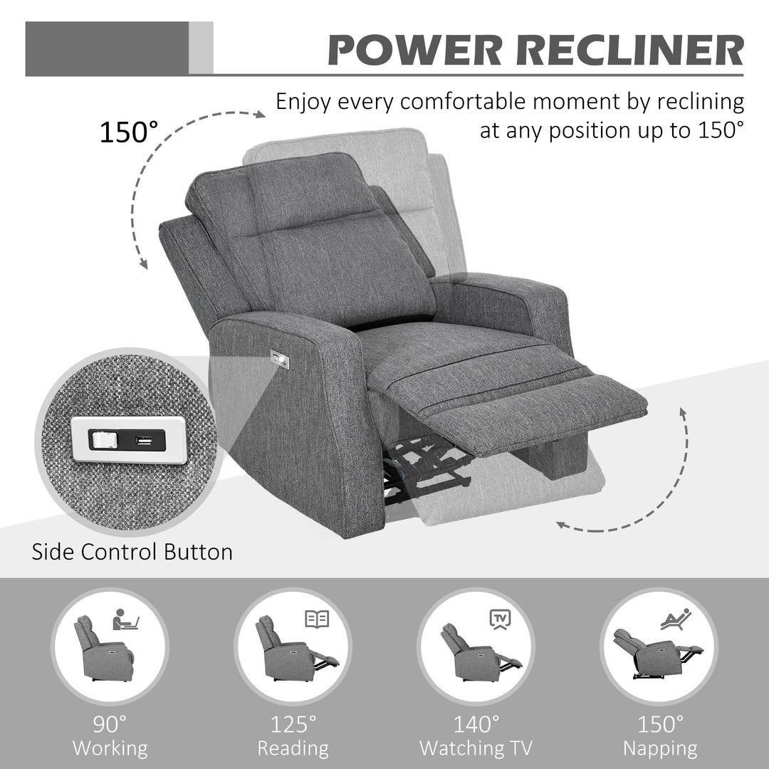 HOMCOM Electric Recliner Armchair, Recliner Chair with Adjustable Leg Rest, USB Port, Charcoal Grey | Aosom UK