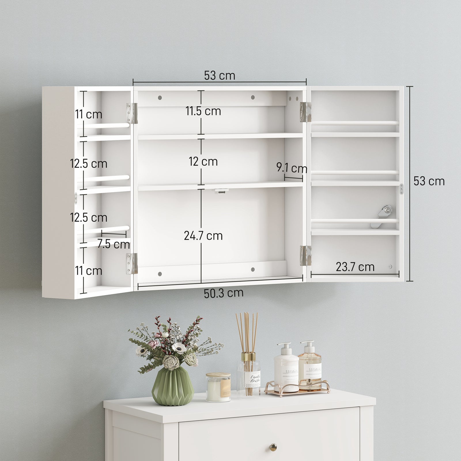 Wall Mount Medicine Cabinet with Key Lock, 3 Tier First Aid Cabinet wi
