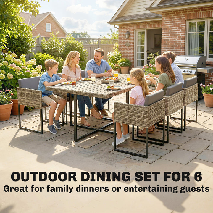 7 Piece Rattan Garden Furniture Set, Garden Dining Set with Wood-Plast