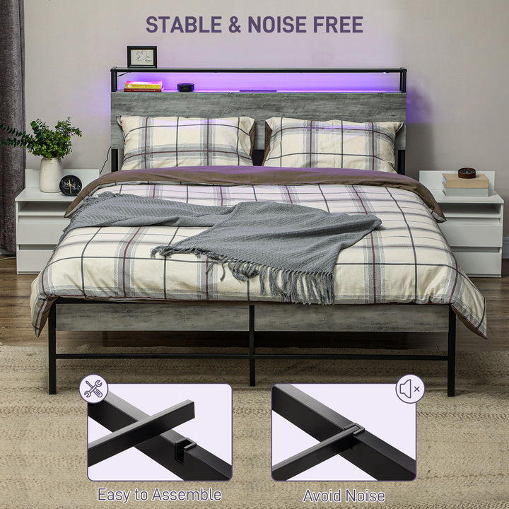 Double Steel Bed Frame, with LED Lights and Headboard Shelf - Grey