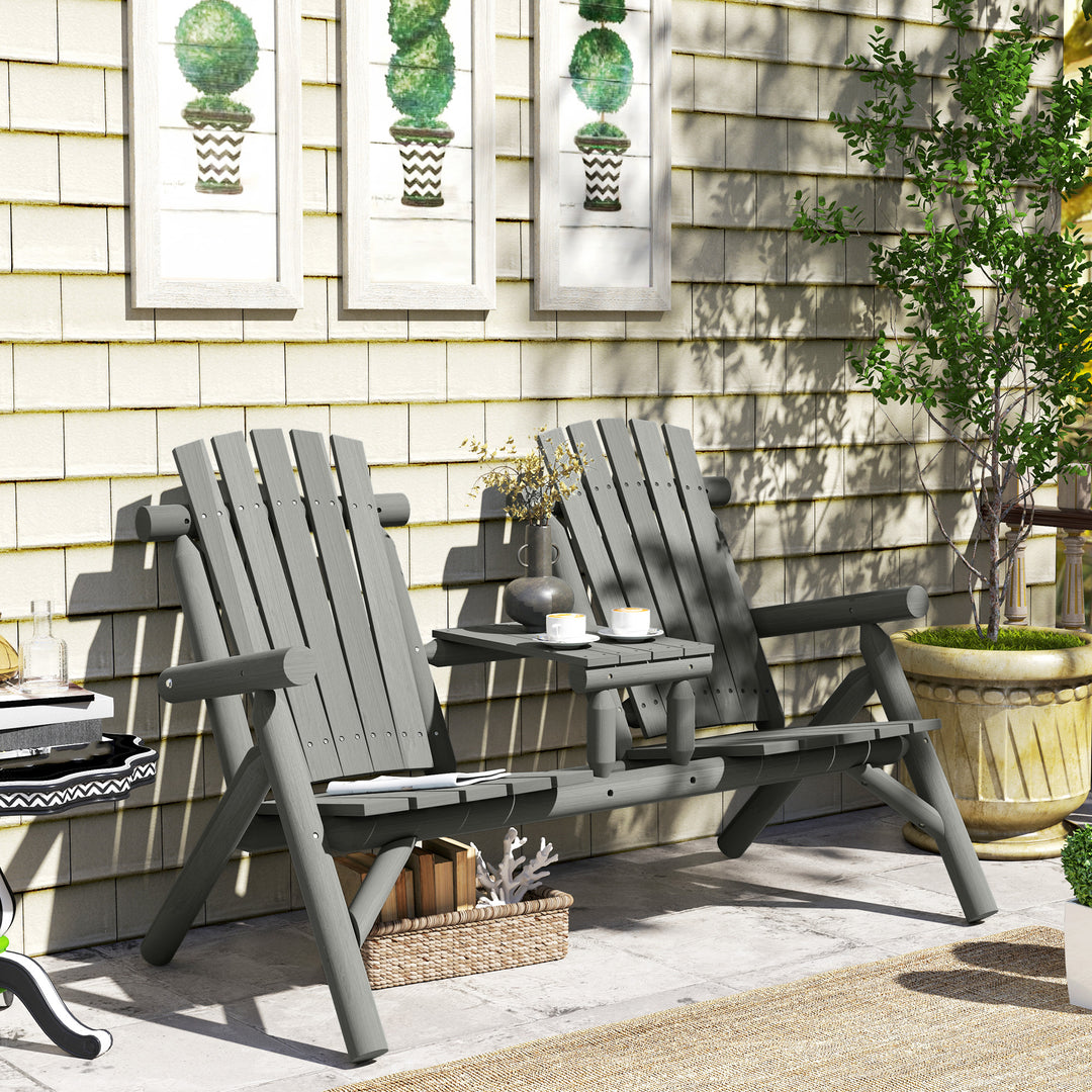 Wood Patio Chair Bench 2 Seats w/ Centre Coffee Table, Garden Bench, Grey