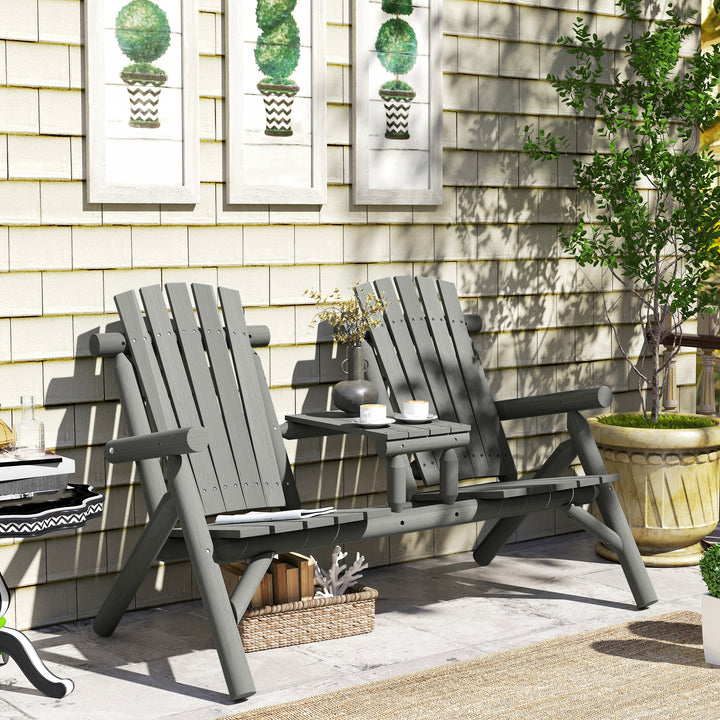 Wood Patio Chair Bench 2 Seats w/ Centre Coffee Table, Garden Bench, Grey
