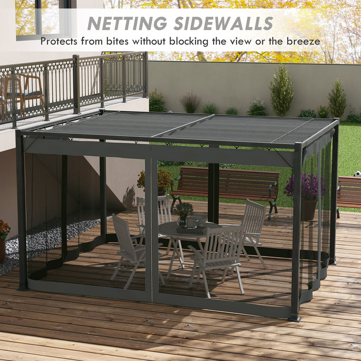 Outsunny 3 x 4m Retractable Pergola, Garden Gazebo Shelter with Nettings, for Grill, Patio, Deck, Dark Grey