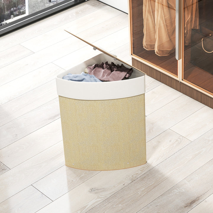 Bamboo Laundry Basket with Lid, 55L Corner Laundry Hamper with Removable Washable Liner Bag, Bathroom Triangle Washing Basket, 35 x 35 x 60 cm, Nature Wood Finish