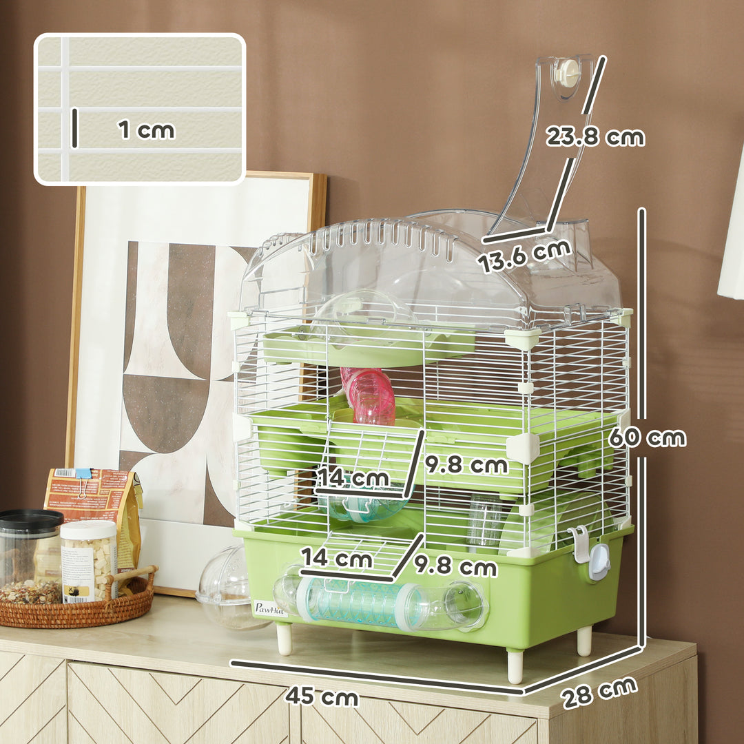 3-Tier Hamster Cage with Transparent Top, Sand Bathroom, Exercise Wheel, Hideout Room, Tubes, 45 x 28 x 60 cm, Green