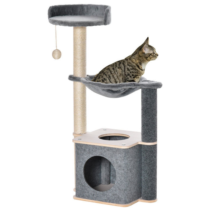 PawHut Cat Tower, 95cm Climbing Kitten Activity Centre with Sisal Scratching Posts, Perch, Spacious Condo, and Hammock, Grey | Aosom UK