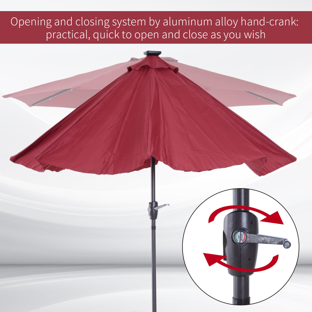 Φ2.7m Garden 24 LED Light Parasol Solar Outdoor Tilt Sun Umbrella Patio Club Party Event Manual Sun Shade w/ Hand Crank and 8 Ribs, Red
