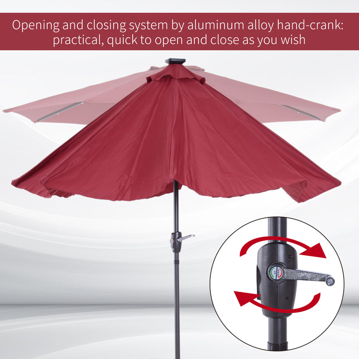 Φ2.7m Garden 24 LED Light Parasol Solar Outdoor Tilt Sun Umbrella Patio Club Party Event Manual Sun Shade w/ Hand Crank and 8 Ribs, Red