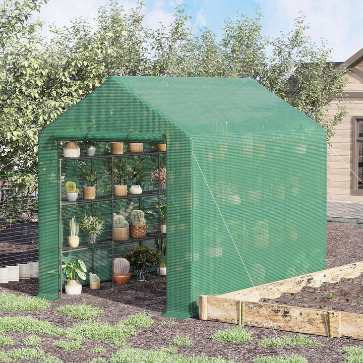 MCL Walk-in Greenhouse with 4 Tier 24 Shelves, Portable Grow House with Roll-up Zipped Door, 244 x 180 x 210cm, Green