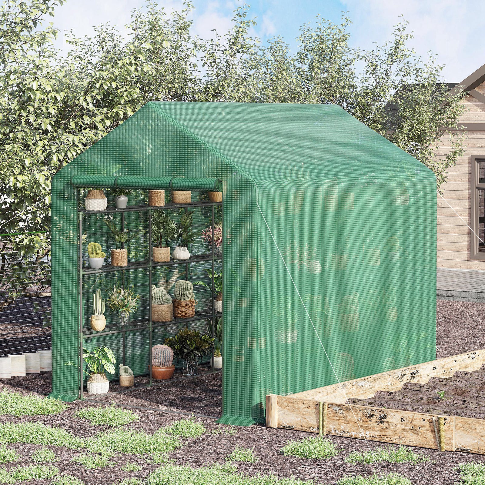 Walk-in Greenhouse with 4 Tier 24 Shelves, Portable Grow House with Roll-up Zipped Door, 244 x 180 x 210cm, Green