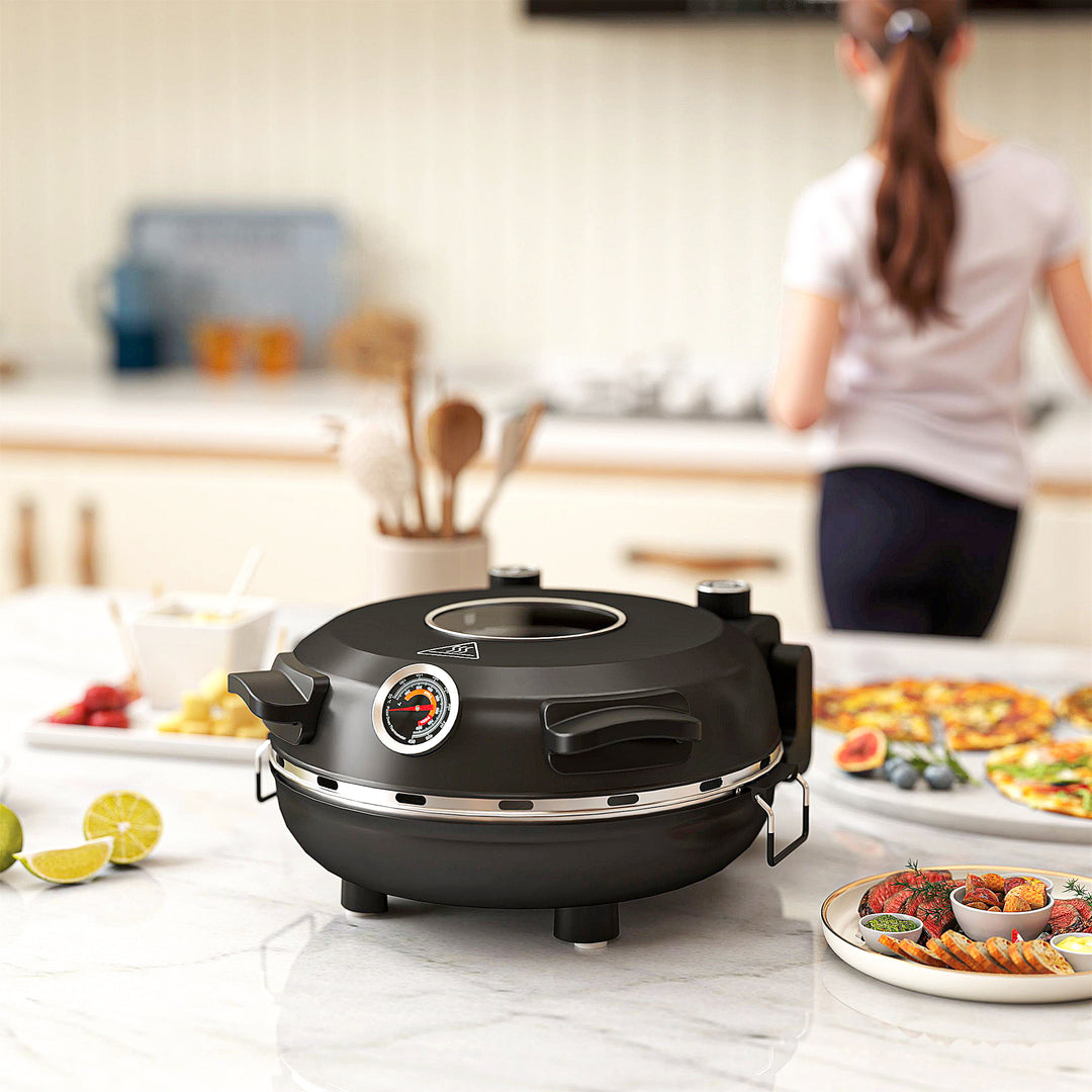 1200W Pizza Oven, 12 Inch Electric Pizza Maker with Viewing Window, Dual Knob Temp & Timer Control, Overheat Protection, Black