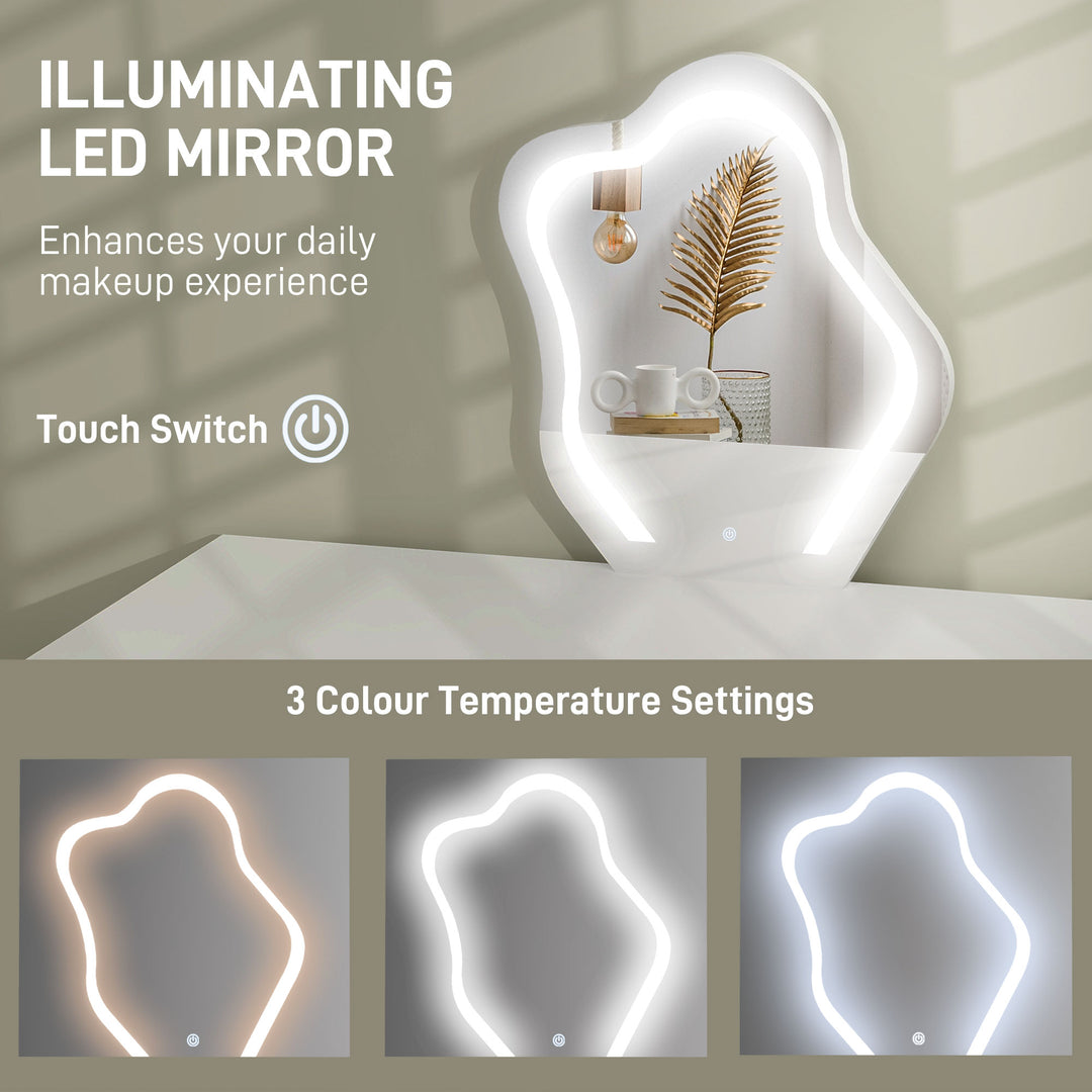 LED Lighted Dressing Table with Leaf Shape Mirror, Modern Vanity Desk with 5 Drawers, Makeup Desk with Fluted Panels, White