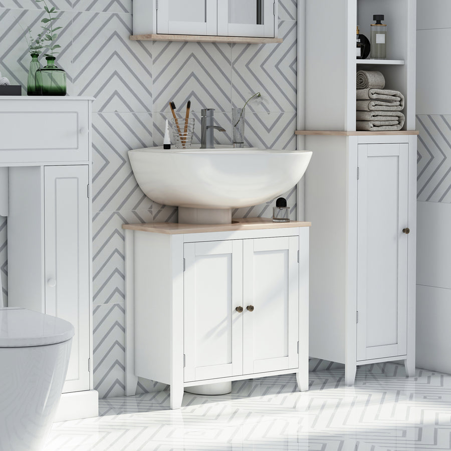 Under Sink Cabinet, Bathroom Sink Cabinet with 2 Doors, Pedestal Under Sink Design, Freestanding Bathroom Cupboard with Adjustable Shelf, White