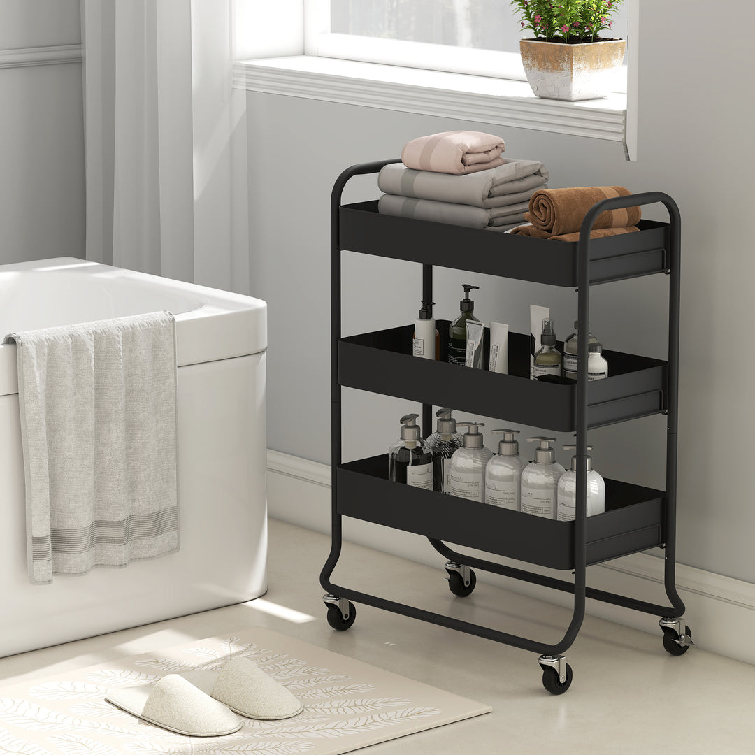3-Tier Storage Trolley on Wheels, Rolling Utility Cart with Mesh Backets for Kitchen, Bathroom, Bedroom
