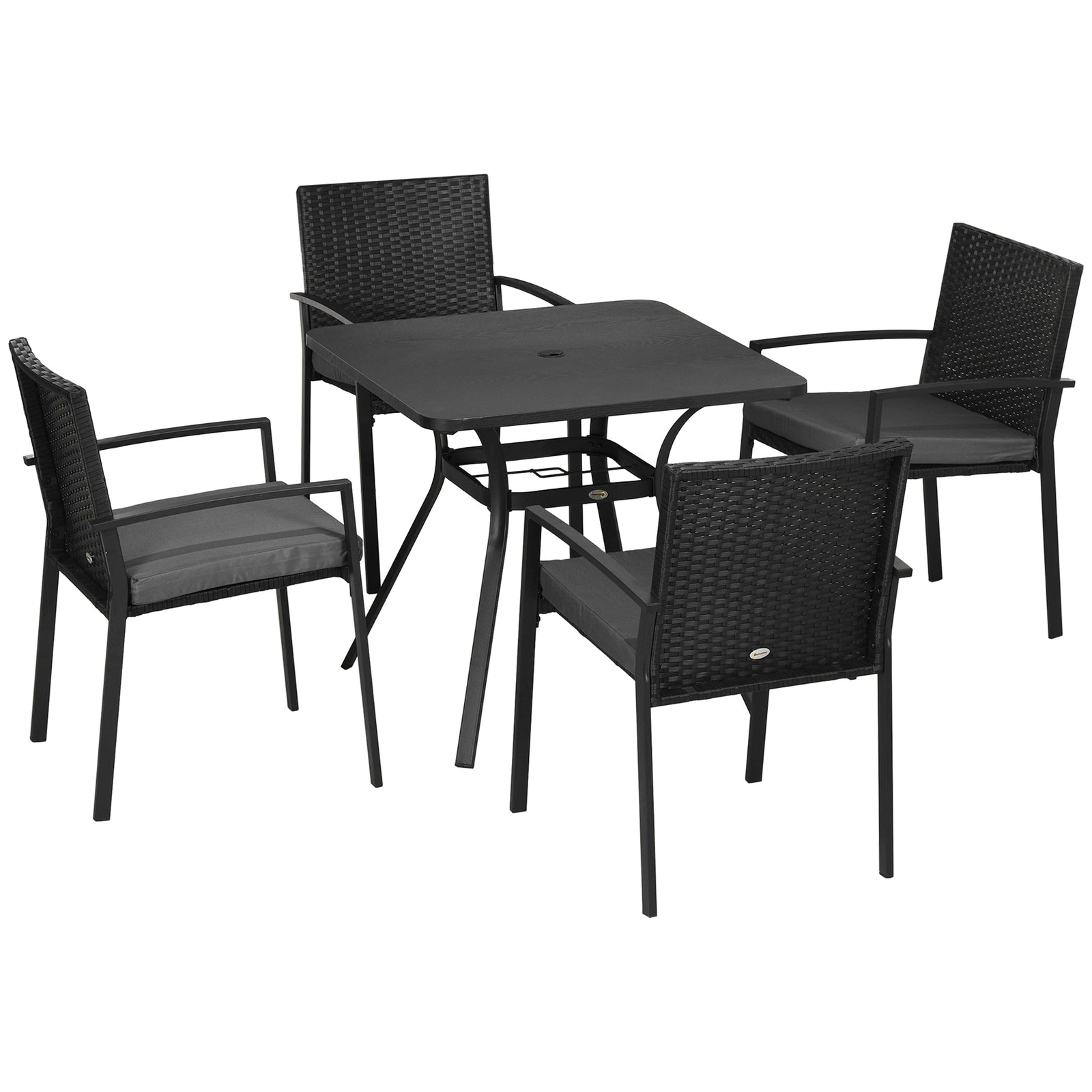 Five-Piece Garden Dining Set, with Rattan Seat Chairs and Cushions - Black