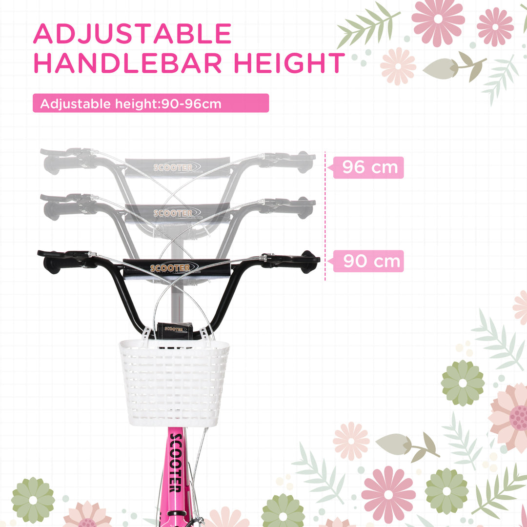 Kids Scooter, Kick Stunt Scooter with Adjustable Handlebar, Dual Brakes, Basket, Cupholder, Mudguard, 16" Inflatable Rubber Wheels, for 5-12 years, Pink