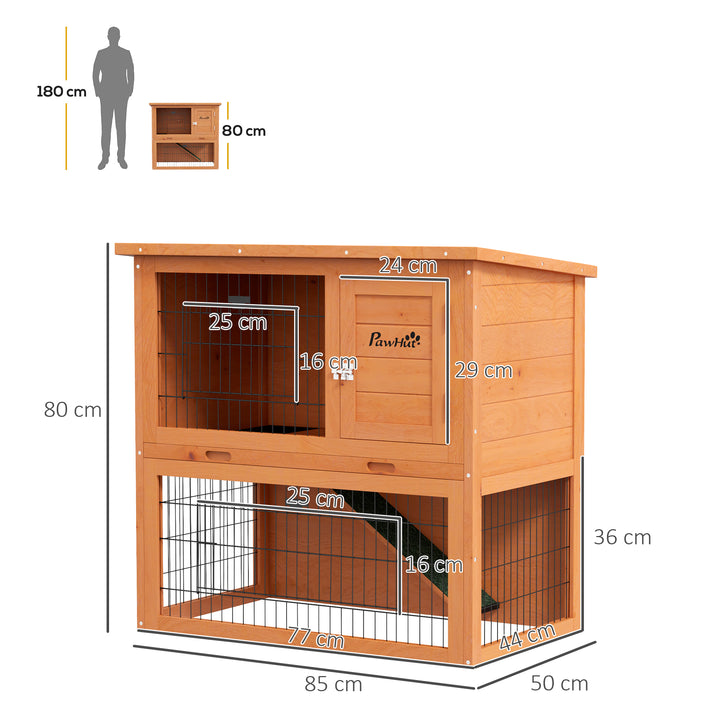 PawHut Two-Tier Antiseptic Wood Rabbit Hutch, 80cm Guinea Pig Hutch with Run - Orange | Aosom UK