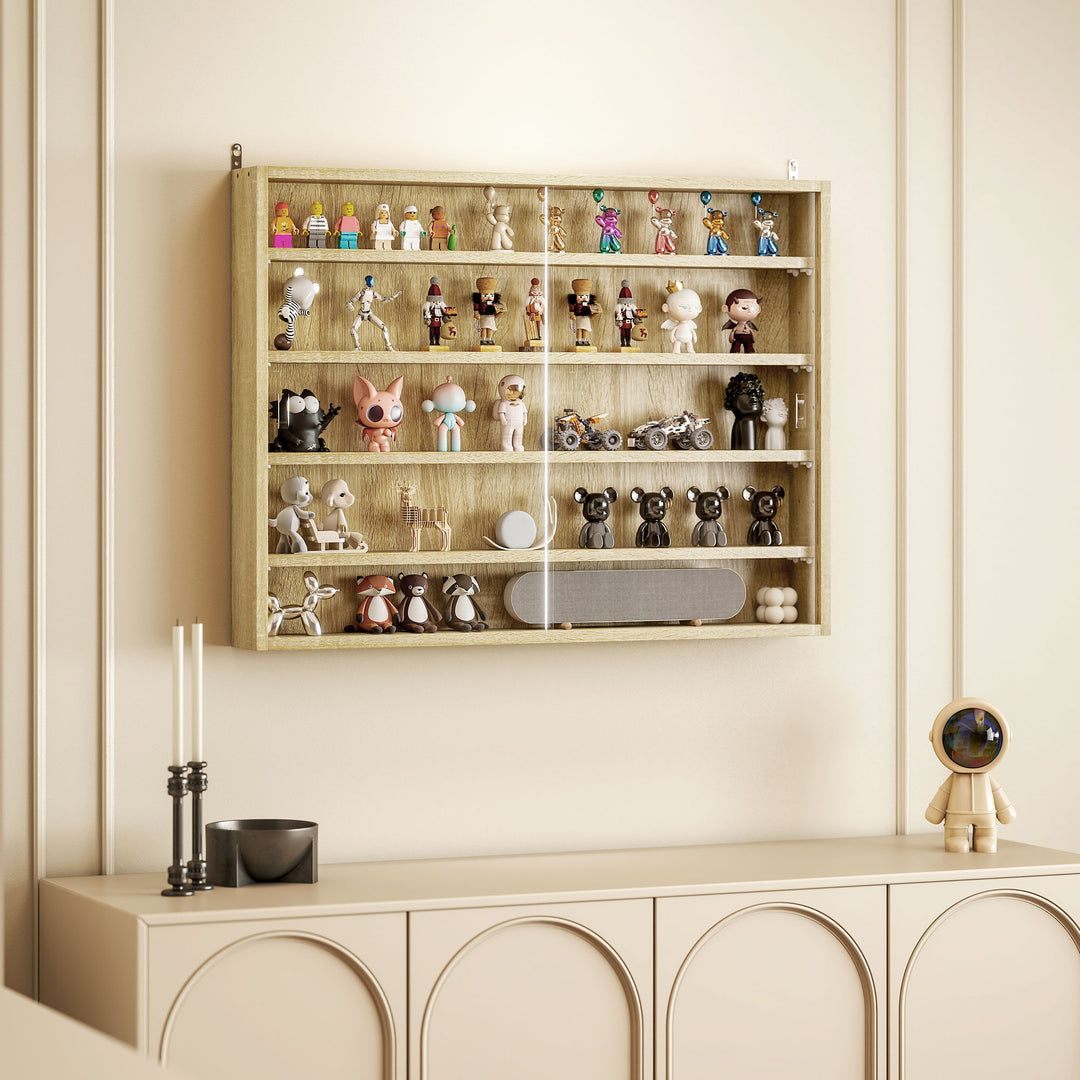 5-Tier Wall Display Shelf Unit Cabinet w/ 4 Adjustable Shelves Glass Doors Home Office Ornaments 60x80cm Oak