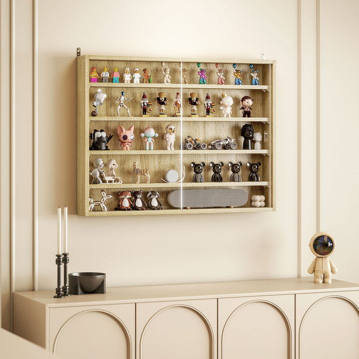 5-Tier Wall Display Shelf Unit Cabinet w/ 4 Adjustable Shelves Glass Doors Home Office Ornaments 60x80cm Oak