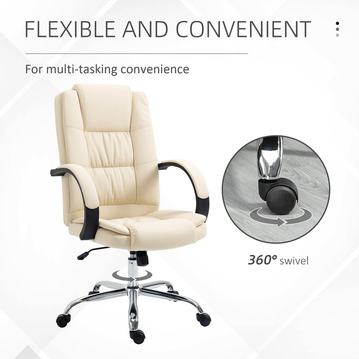 Office Chair, PU Leather Desk Chair with 13cm Soft Padded Seat and Backrest, Swivel Chair with Adjustable Height and Rolling Wheels, Beige