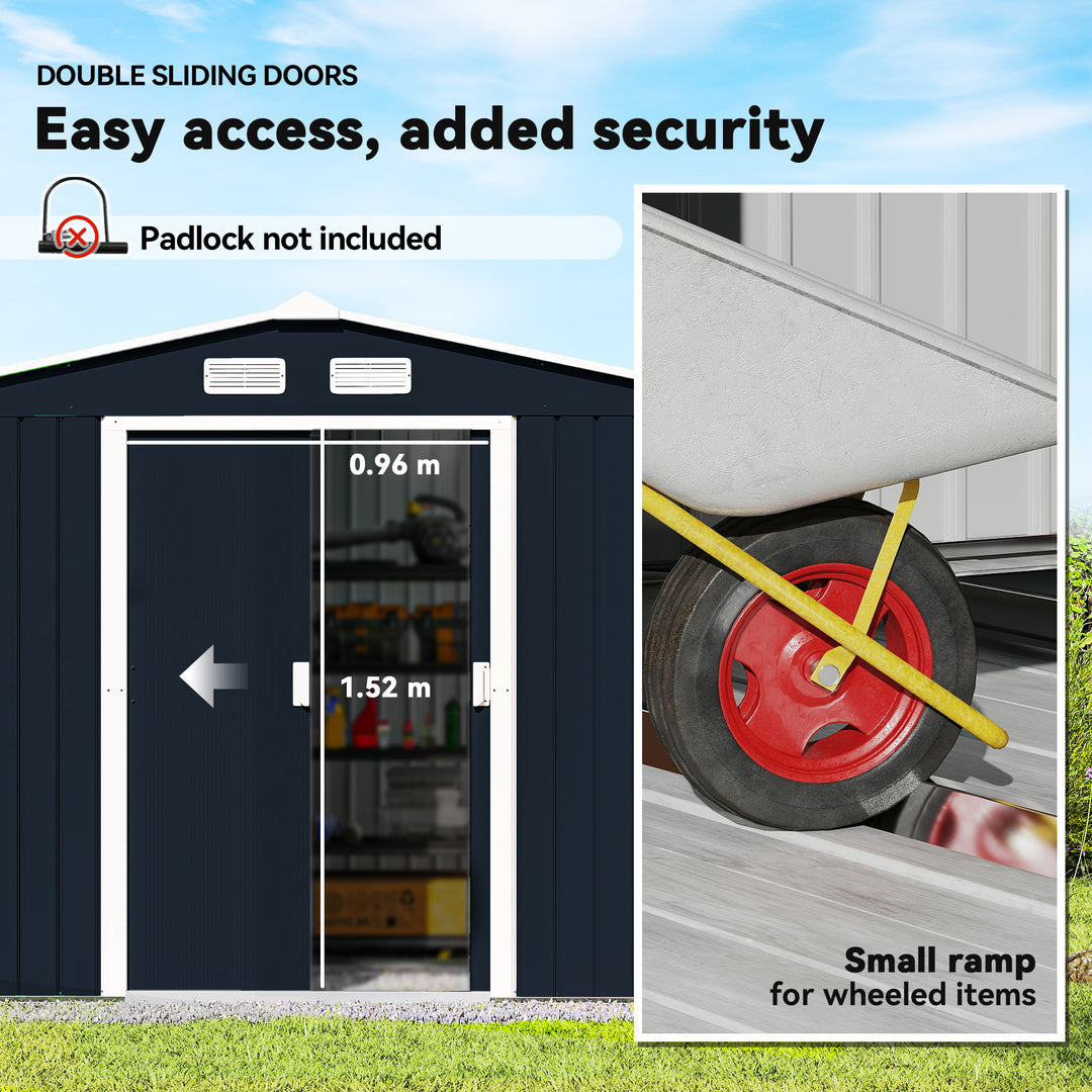 MCL 9 x 6ft Metal Bicycle Shed, Outdoor Storage Tool House with Ventilation Slots, Foundation Kit and Lockable Double Doors, Dark Grey