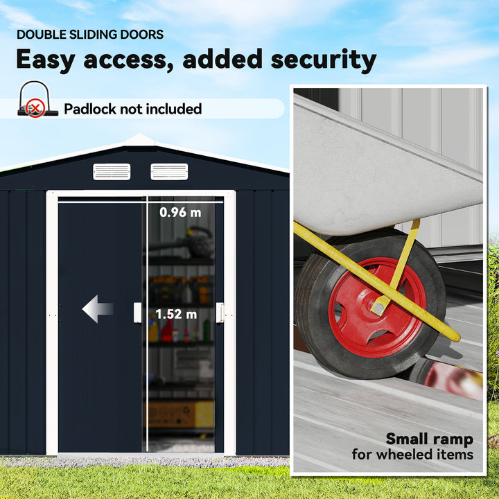 MCL 9 x 6ft Metal Bicycle Shed, Outdoor Storage Tool House with Ventilation Slots, Foundation Kit and Lockable Double Doors, Dark Grey