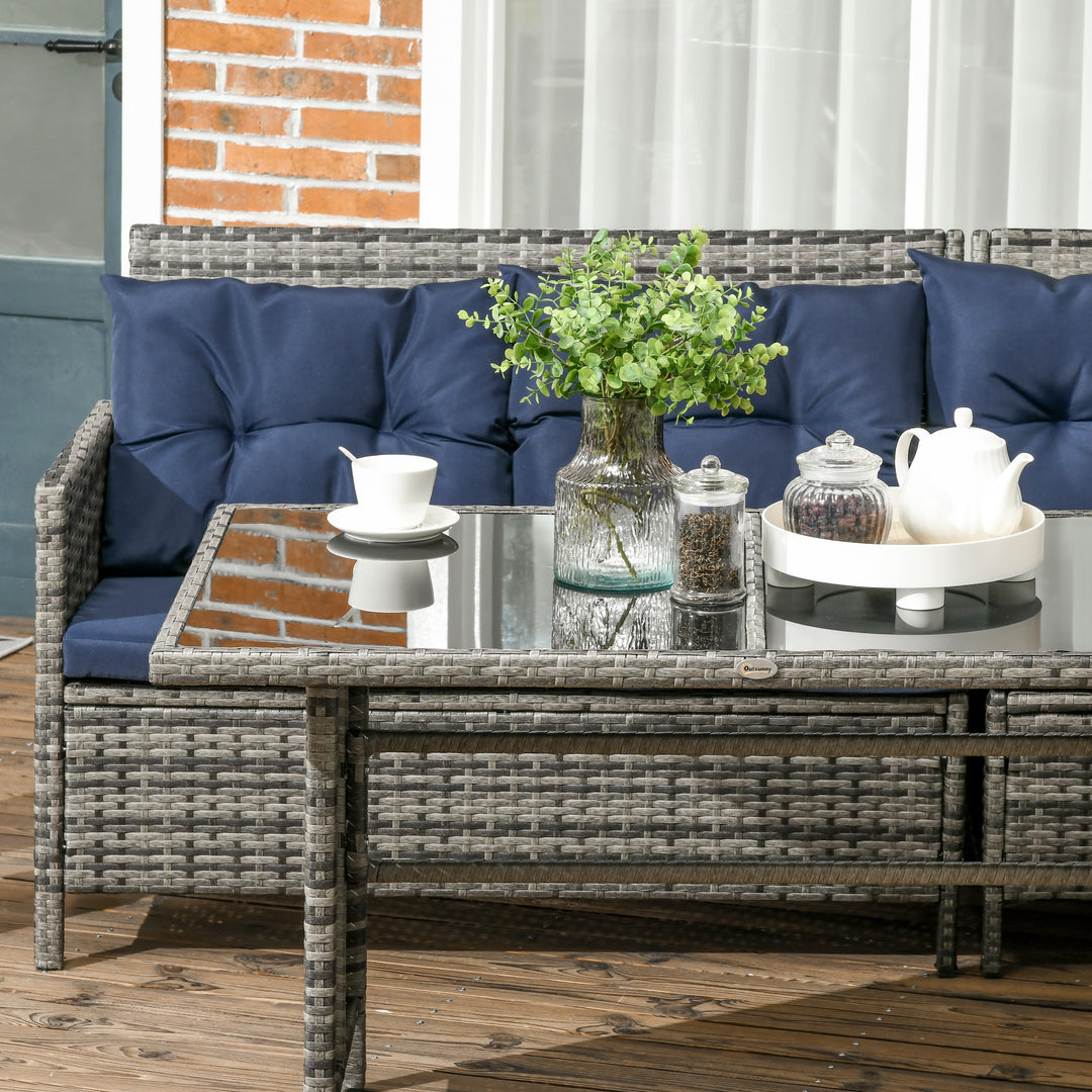 7-Seater Patio wicker Sofa Set Rattan Chair Furniture w/ Glass & Cushioned, Dark Blue