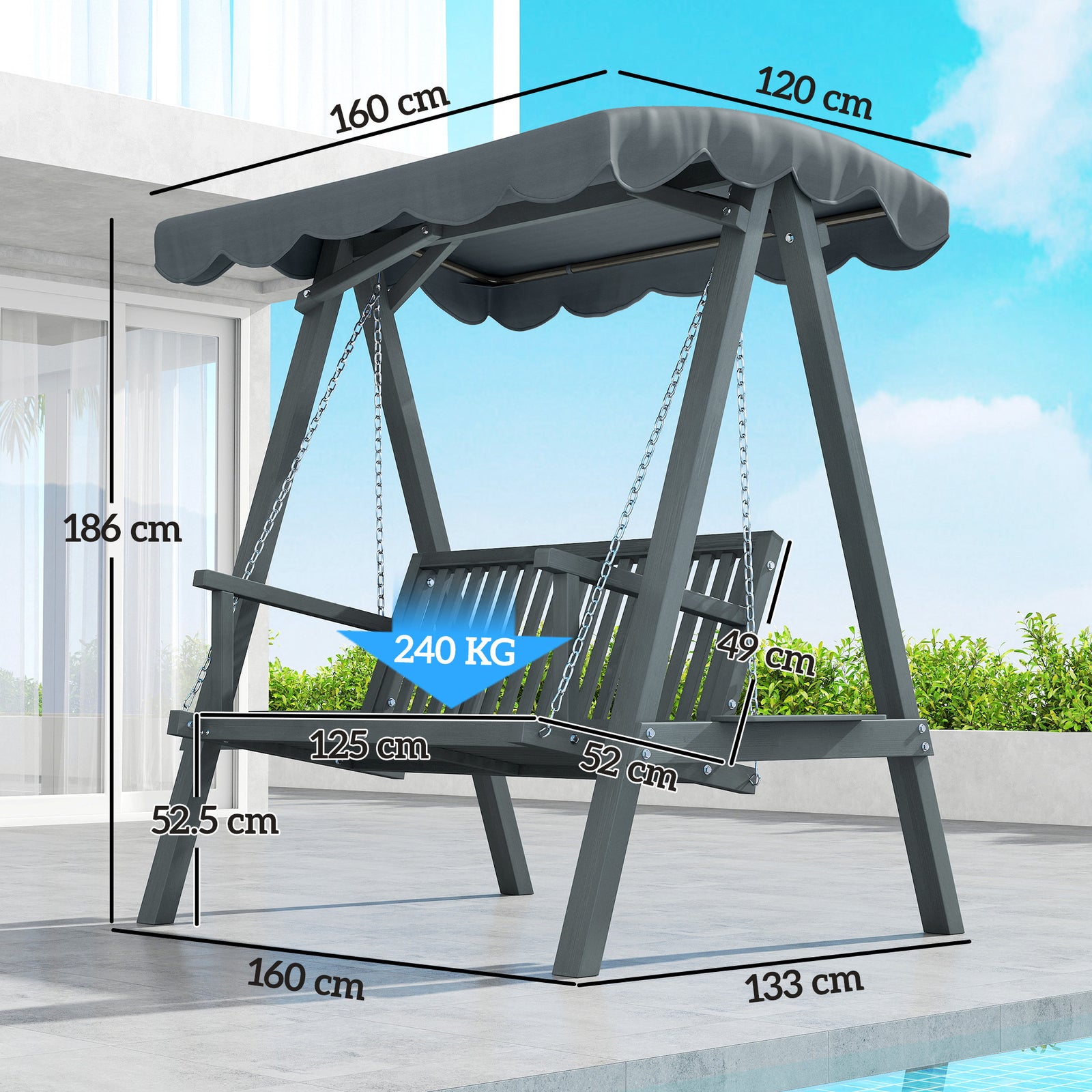 2 Seater Garden Swing Seat with Canopy, Wooden Swing Chair, Outdoor Ha