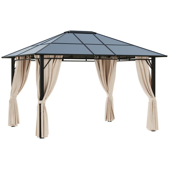 MCL 3 x 3.6m Hardtop Gazebo Canopy with Polycarbonate Roof Garden Pavilion with Removable Curtains and Steel Frame, Brown