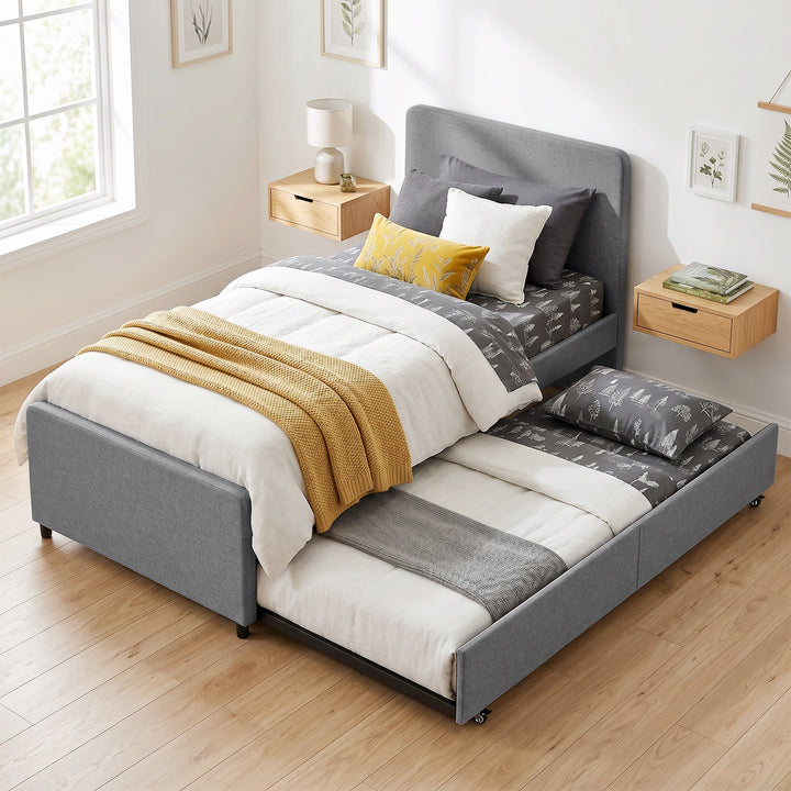 3ft Single Bed Frame with Trundle, Upholstered Pull Out Trundle Bed wi